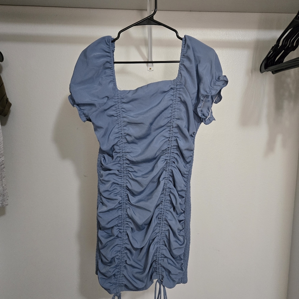 Love Tree Sky Blue Off Shoulder Strapless Bodycon Textured Ruffle Dress